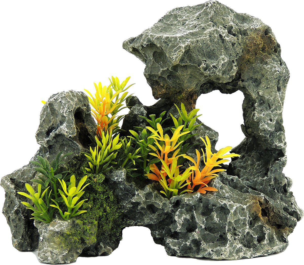 Grey Rock With Plants 242x145x185mm