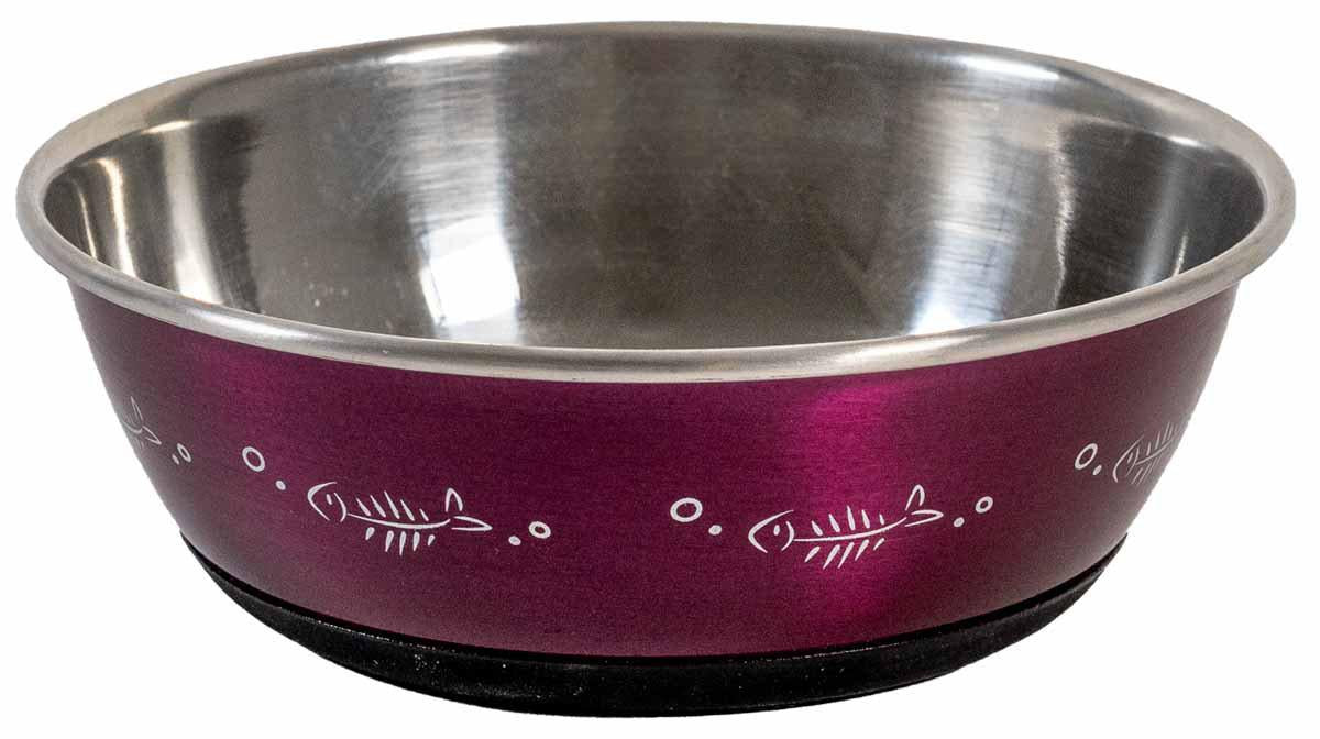 Kattskål Rostfri Antislip Lila Med Fiskar 350ml 12,5cm