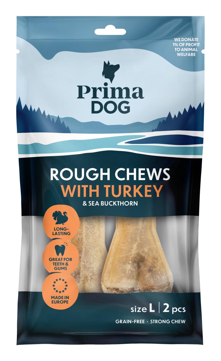 PrimaDog Rough Chews Kalkon & Havtorn L 13,5cm, 6 x 140g