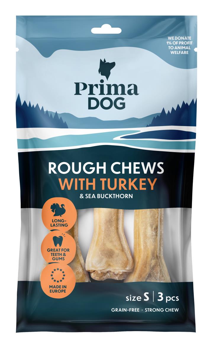 PrimaDog Rough Chews Kalkon & Havtorn S 10cm, 6 x 105g